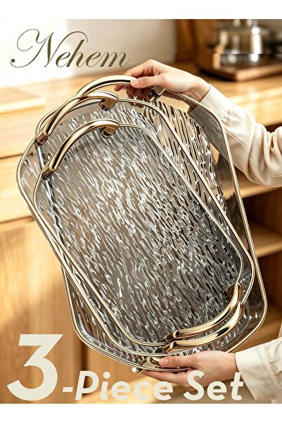 Generic 3 PCS Clear Serving Tray, With Polished Metal Handles, Serving Plate,...