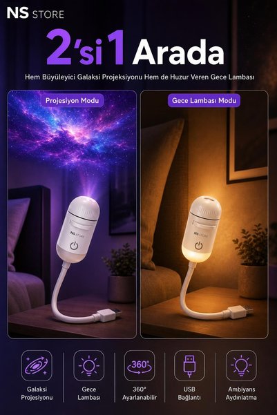 NS Store USB Galaksi Projektör Gece Lambası, 360° Ayarlanabilir LED Ambiyans Işığı, 10 Film Diski ile