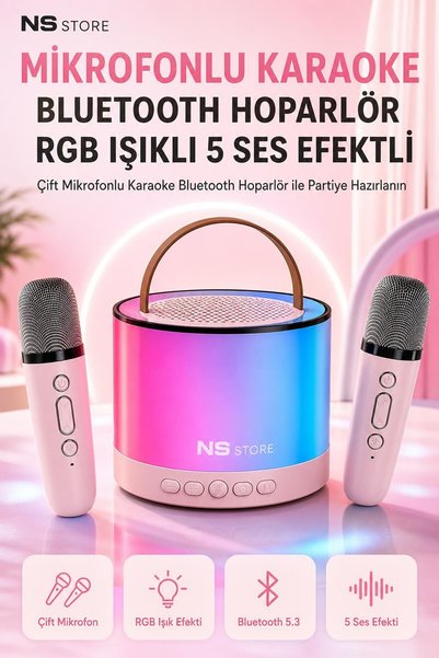 NS Store RGB Işıklı Çift Mikrofonlu Taşınabilir Karaoke Bluetooth Hoparlör 5 Ses Efektli Şarjlı Ses Bombası