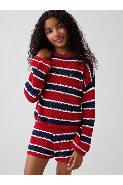 GAP Kız Çocuk Kırmızı Kroşe Oversized Çizgili Kazak
