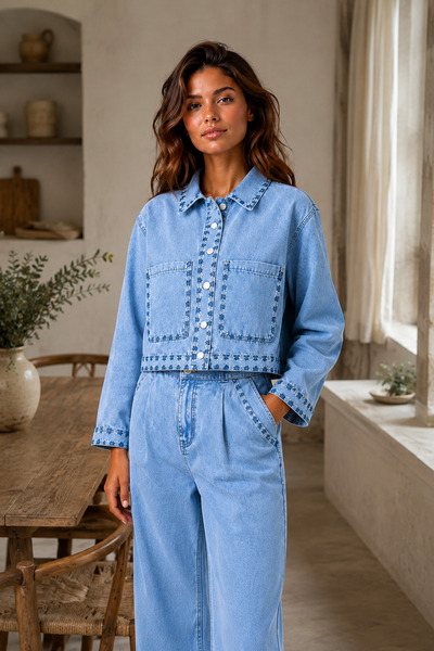 Denvy Denim Kadın Açık Mavi Yıkamalı Nakış Detaylı Denim Ceket Pantolon Takım