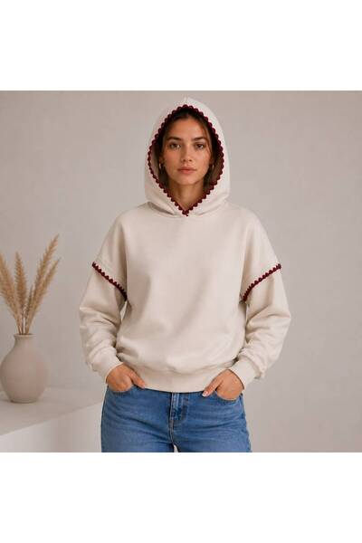 herkesemoda 2-Thread Raised Sweatshirt with Hood and Collar and Sleeve Trim Stitching Detail