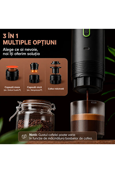 ellitiq Espressor portabil 3 in 1 Ellitiq, capsule Nespresso, Dolce Gusto si cafea macinata, 20 Bar, 7500mAh, Incalzire automata, fara fir, Negru