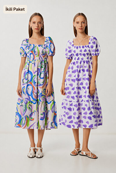 Lovelyİstanbul Pack of 2 Balloon Sleeve Patterned Woven Dress Lfg0188 Lila Bl...