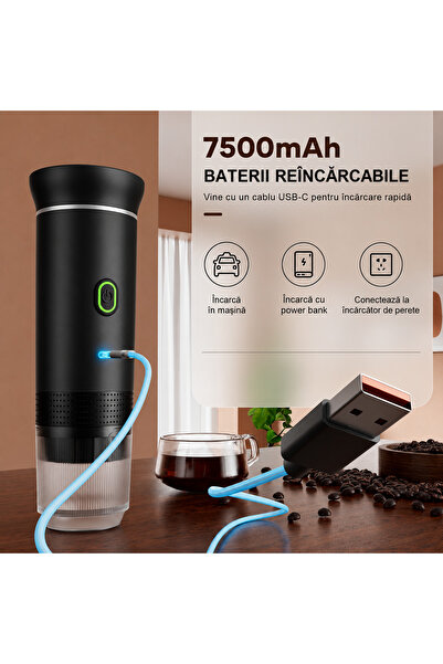 ellitiq Espressor portabil 3 in 1 Ellitiq, capsule Nespresso, Dolce Gusto si cafea macinata, 20 Bar, 7500mAh, Incalzire automata, fara fir, Negru