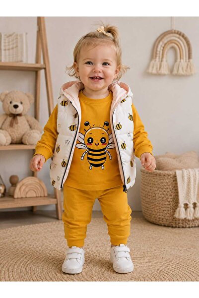 krm kerem bebe Erkek-Kız ( Unisex ) Bebek Arı Bee Desenli Kapüşonlu Şişme Yelekli 3'lü Mevsimlik Pamuklu Takım
