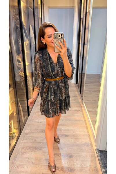 pelin yıldız butik Desenli Paisley V Yaka Kemerli Elbise