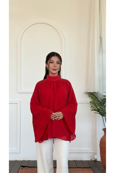 KEVRA Bluză din șifon cu guler înalt și mâneci spaniole, cu șnur