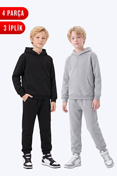 FYK KİDS 2-Piece Plain 3-Thread Winter Kangaroo Pocket Hooded Boys' Tracksuit...