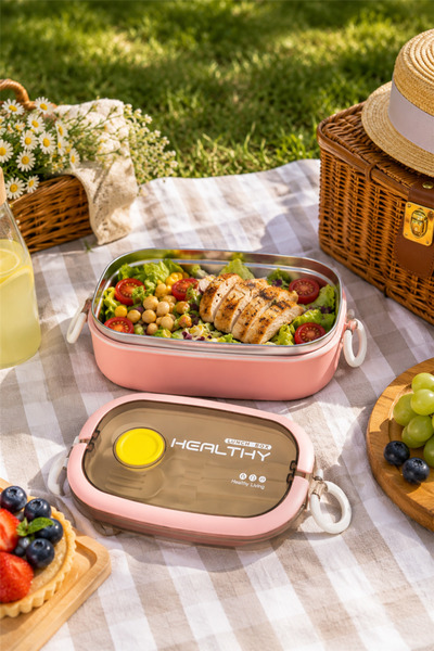 Tohana Paslanmaz Çelik Dikdörtgen Yemek Kabı 750 ml Pembe – Çatallı Kaşıklı S...