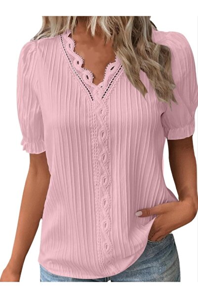 Shein Steel pudra pembesi yakası işlemeli bluz