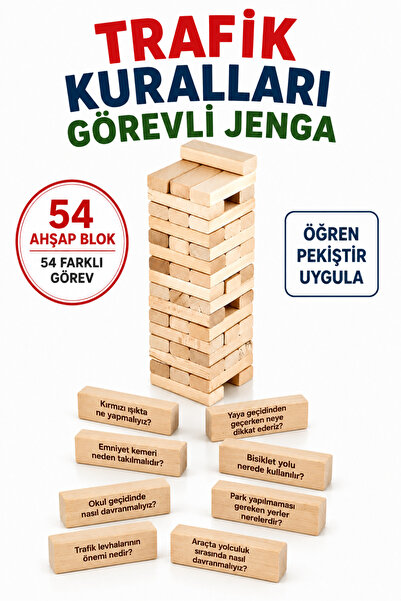 TOTTERİQ Trafik Kurallarını Öğreten Görevli Ahşap Jenga 54 Parça Eğitici Deng...