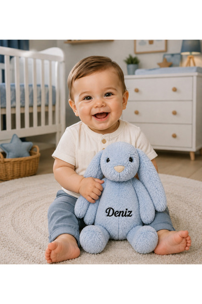 Tosbiş [ KİŞİYE ÖZEL İSİM YAZILIR ] (35 cm) Peluş Tavşan Mavi Renk Uyku Arkad...
