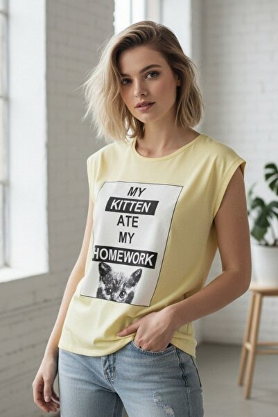 OEM Tricou de damă cu imprimeu text "My Kitten Ate My Homework" cu un pisicuț...