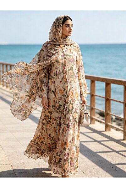 Noon Noora Pleated Cardigan Printed Abaya Jacket with Hijab