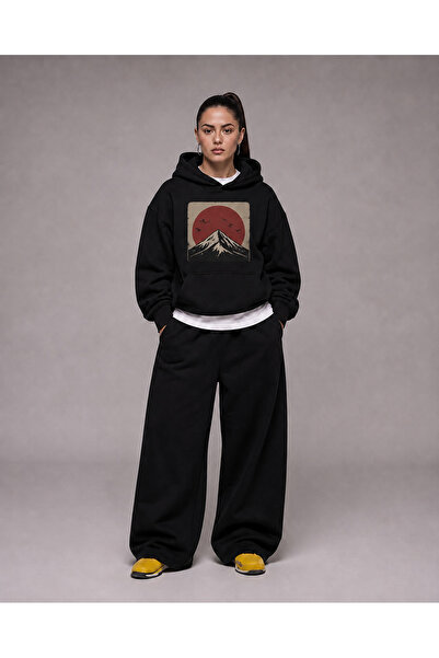 Kadın Büyük Beden Baskılı 3 İplik Oversize Kapüşonlu Sweatshirt ve Siyah Jogger Eşofman Takımı