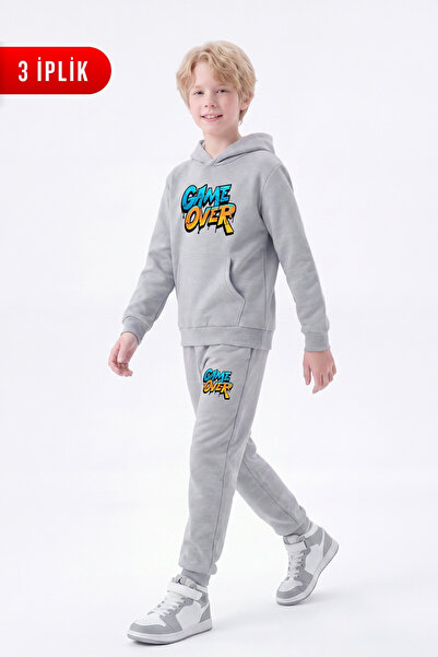 FYK KİDS 3 Thread Printed Winter Kangaroo Pocket Hooded Boys' Tracksuit Set