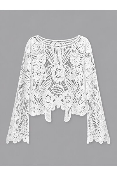 Retrobird Pulover Colette cu motiv floral ajurat, croșetat, pentru femei, ecru
