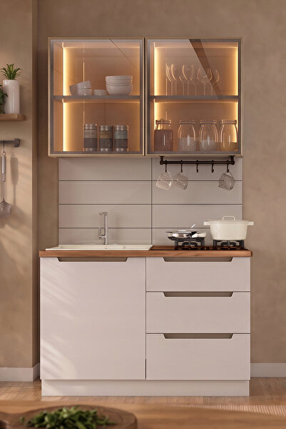 Eymense Hera 120 cm Mutfak Dolabı Seti %100 MDF Ledli Çekmeceli Lavabolu Mutf...