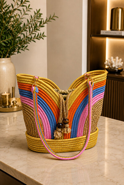 MaVaux Rainbow Knitted Straw Bag Women's Shoulder Bag Colorful Handmade Bag S...