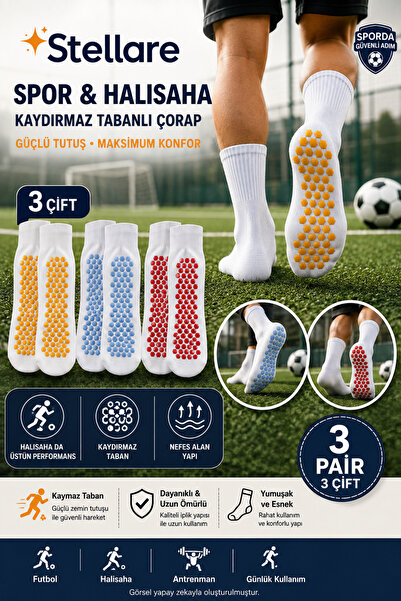 stellare Kaydırmaz Tabanlı Spor ve Halisaha Çorabı - 3 Çift Paketi, Güçlü Tut...