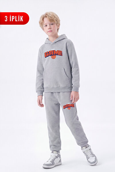 FYK KİDS 3 Thread Printed Winter Kangaroo Pocket Hooded Boys' Tracksuit Set