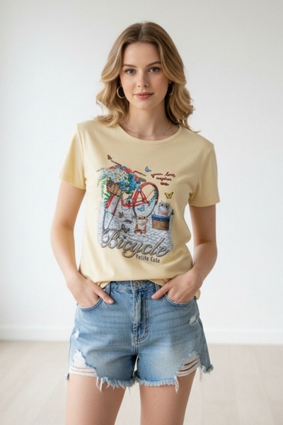 OEM Tricou de damă, imprimeu romantic cu o bicicletă cu flori și pisicuțe, TG-15