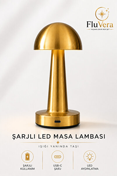 FluVera Şarjlı Masa Lambası Gold Mantar | Kablosuz LED Dokunmatik Gece Lambası