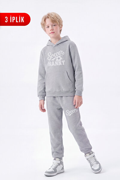 FYK KİDS 3 Thread Printed Winter Kangaroo Pocket Hooded Boys' Tracksuit Set