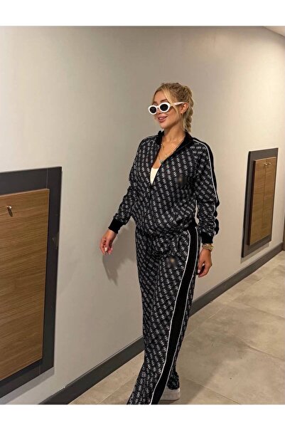 mylunessa Black Zippered Front Triangle Model Long Sleeve Tracksuit Set