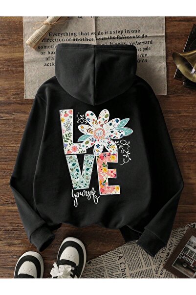 SVART WEAR سويت شيرت بقلنسوة مطبوع عليه Love Yourself للأطفال، مصنوع من قماش ...