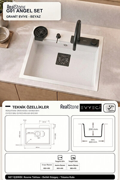 RealStone G01 Angel Set Beyaz Akıllı Granit Eviye 60 x 49 cm