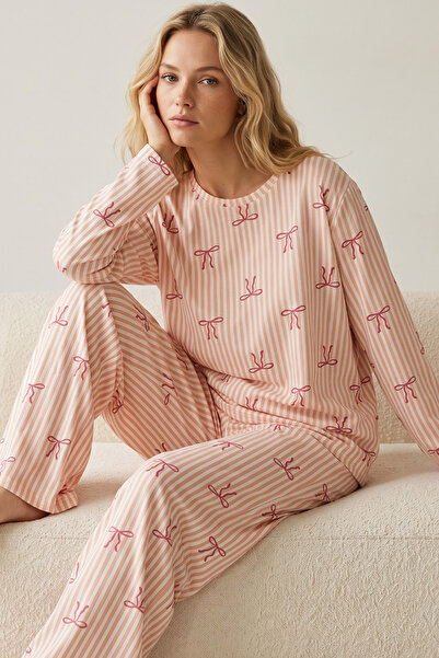 Siyah İnci Salmon Stripe Bow Patterned Soft Tuşe Winter Knitted Pajamas Set 8072