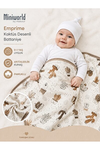 Pamuklu Çift Kat Yumuşak Kumaş Günlük Kullanıma Uygun Kahverengi Kaktüs Desenli Empirme Unisex Yenidoğan Bebek Battaniyesi 0-1 Yaş