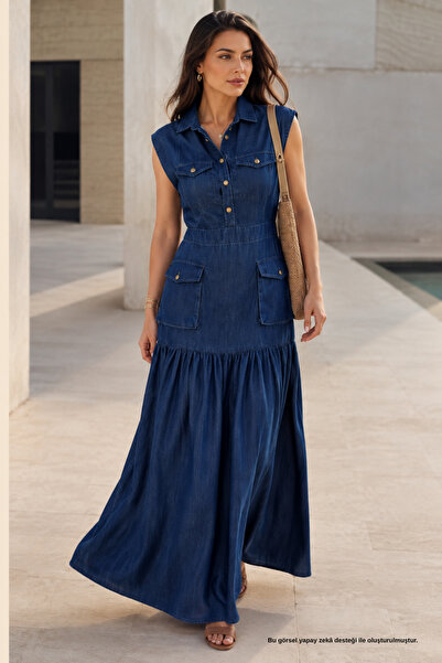 Rhen Store Lacivert Cep Detaylı Kolsuz Denim Maxi Elbise
