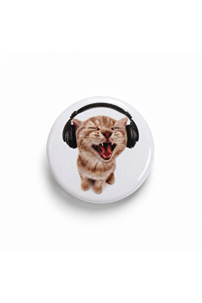 Hens Baskı Atölyesi Sarkastik Müzik Dinleyen Kedi Rozet 44 mm – Komik Kedi De...
