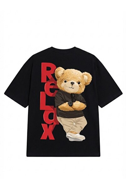 Flubutik Black Relax Bear Printed Oversize Cotton T-Shirt