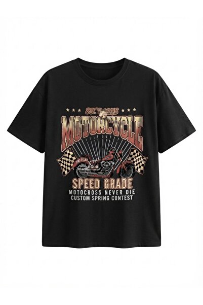 Flubutik Black Motorcycle Speed Grade Printed Oversize Cotton T-Shirt