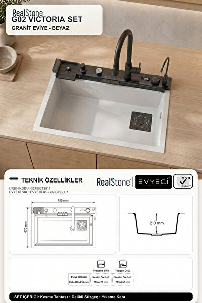 RealStone G02 Victoria Set Beyaz Akıllı Granit Eviye 75,5 x 47 cm