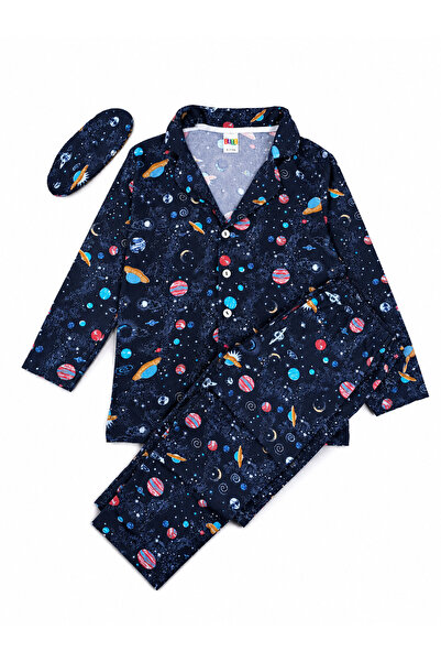 zahider Boy's Cotton Space Planet Patterned Navy Blue Long Sleeve Buttoned Pa...