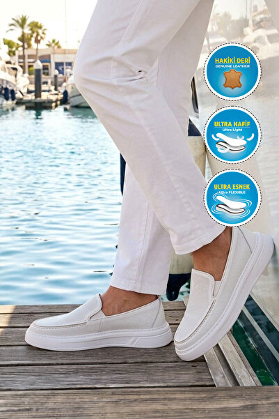 AYAKMOD White Genuine Leather Men's Casual Shoes Loafer 62206