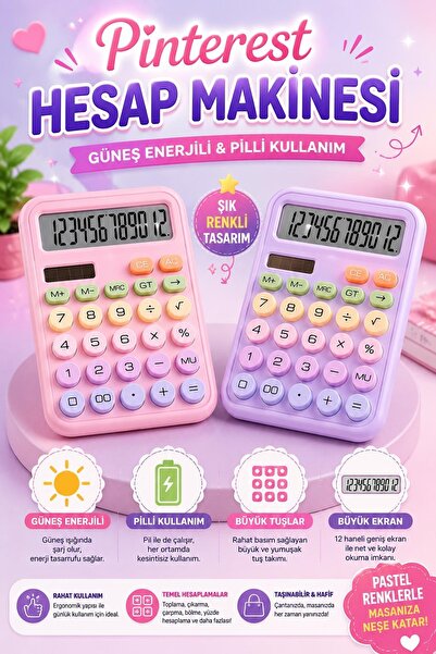 İndirimKap Pinterest Hesap Makinesi 12 Hazneli Lcd Ekran Açılı Geniş Ekran,güneş Enerji Ve Pilli Hesap Makinesi