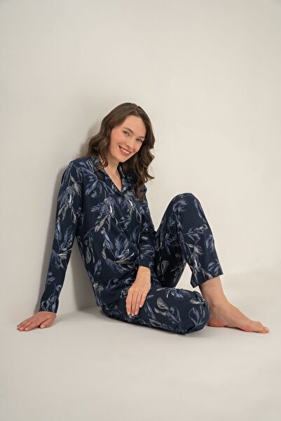 Pierre Cardin Women's Leaves Navy Blue Shirt Pajama Set Pc9259-S-V1