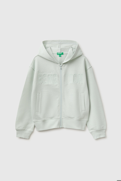 United Colors of Benetton Girl's sea green ribbed hooded zip-up sweatshirt wi...