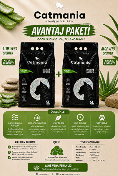 Aloe Vera Kokulu Ekstra Topaklaşan Bentonit Kedi Kumu 2 x 5 LT