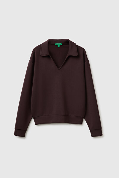 United Colors of Benetton Women's Brown Modal Blend Long Sleeve Polo Collar Top