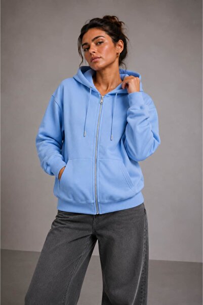 bb butik basic Women's Oversize Zippered Hooded Three-Thread Sweatshirt Cardi...