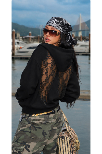 Weekeep Dantel Detay Kanatlı Unisex Hoodie /Sırt Hoodie