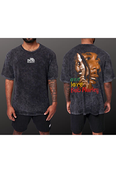 Bob marley yıkamalı oversize baskılı tshirt