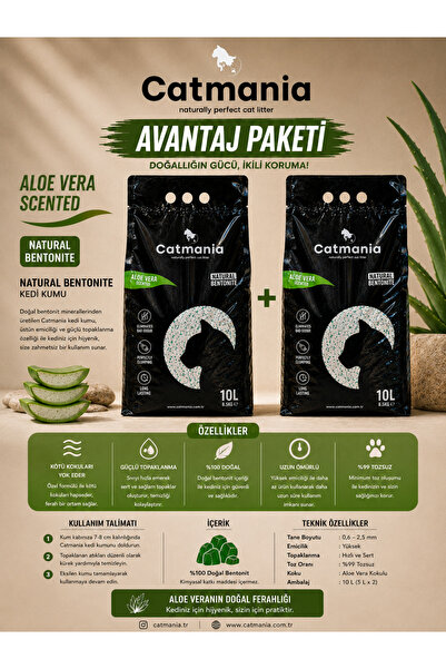 Aloe Vera Kokulu Ekstra Topaklaşan Bentonit Kedi Kumu 2 x 10 LT